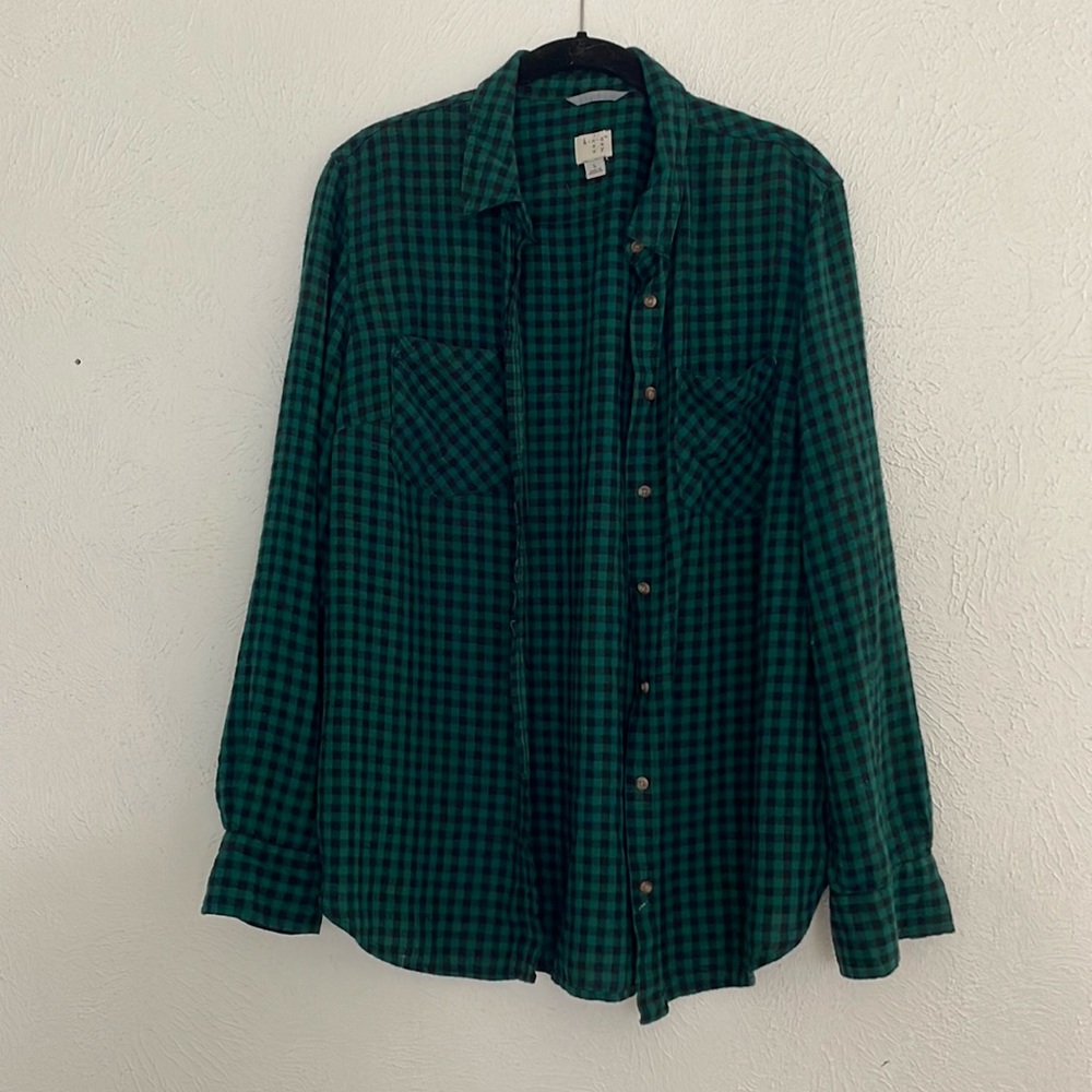 Checkered Long Sleeved Button Up Blouse by A New Day, Size L, Green and Black